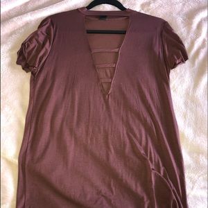 A maroon tee with a strappy neck